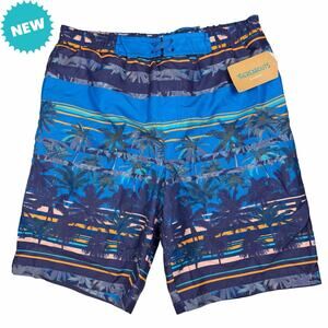 Thereabouts Swim Trunks Boys Size XL 18/20 Blue Palm Trees Built In Boxer Brief